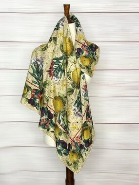 Silk Square Scarf Multicolor Fruits Print Hand Rolled 34x34"